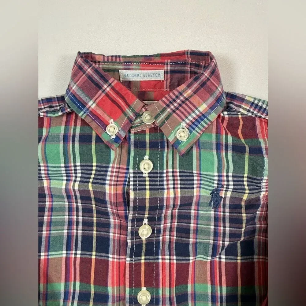RALPH LAUREN Baby Boys' Natural Stretch Tartan Plaid Long Sleeve Button Down 3M